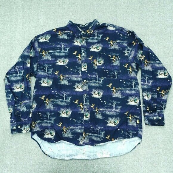 Outdoor Life Button Up Shirt Men Size XL 46‎ / 48 Blue Orange Mallard Duck Print - Picture 1 of 5